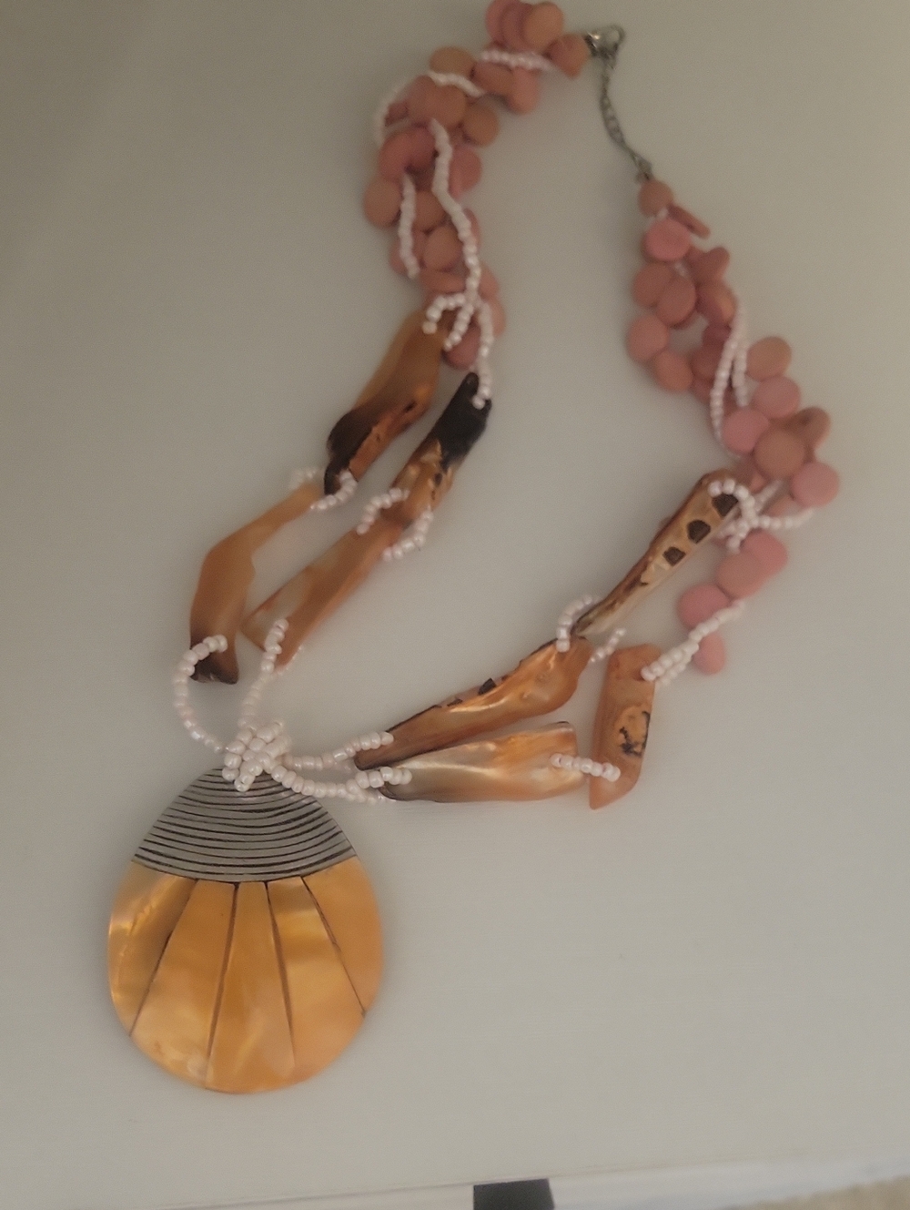 Large Orange-Toned Shell Shape wrapped Silver tones Pendant Wood Beaded Necklace